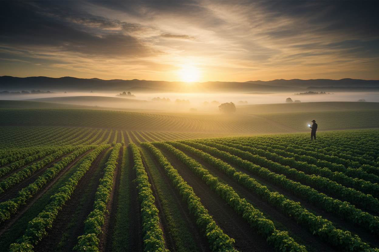 Misty farm valley silhouette